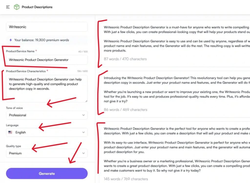 This is the Writesonic's Product Descriptions Tool, Illustrated with an Example: This tool features a two-part layout. On the left, you input the product or service name, characteristics, desired tone of voice, choose English as the language, select the quality type as premium, and then hit the generate button. On the right, it displays three variations of the generated product descriptions.