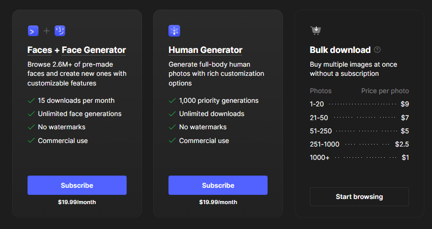 GeneratedPhotos plans and pricing