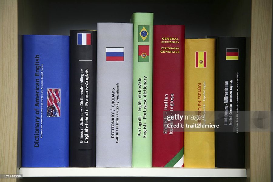 A shelf with various dictionaries in multiple languages.