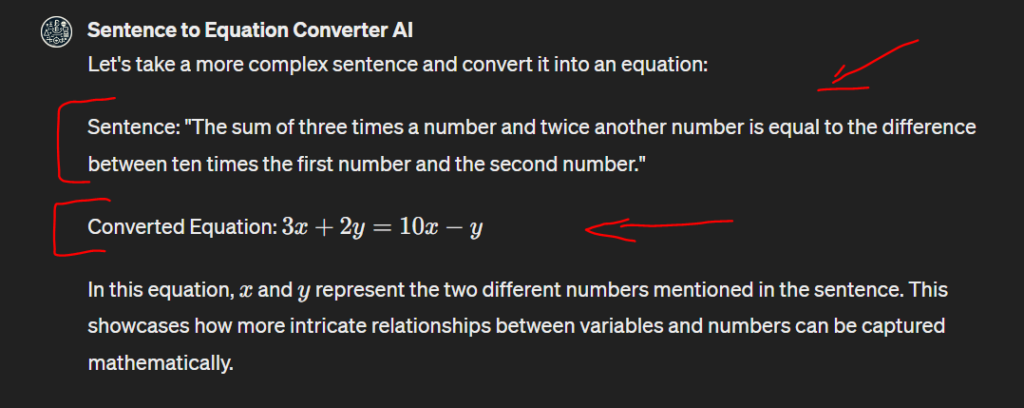 second example of sentence with its converted equation
