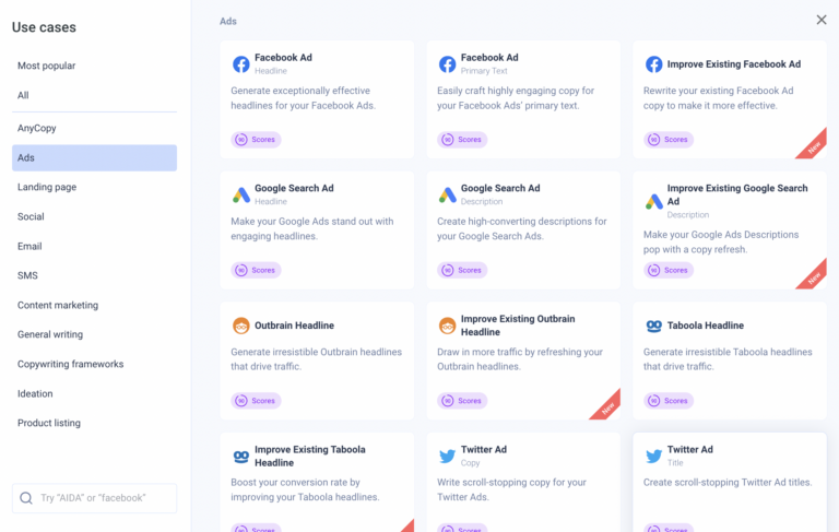 Anyword ad copy generator - tool dashboard