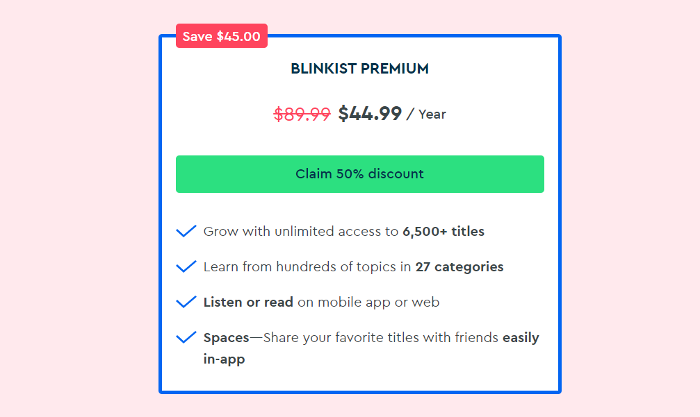 Blinkist premium plan at 50% discount