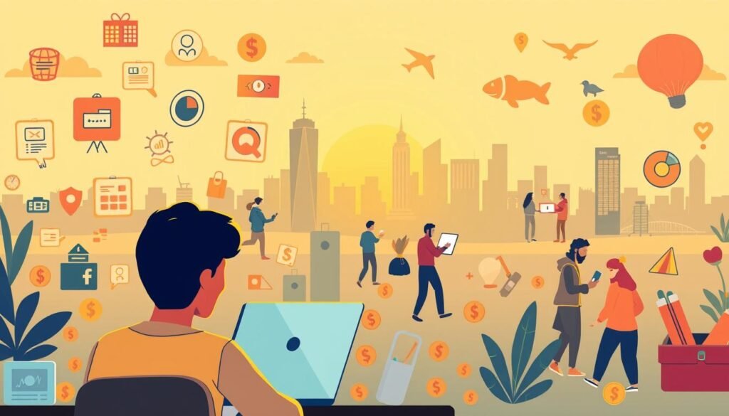 A vibrant digital illustration depicting a diverse array of online money-making hobbies. In the foreground, a person sits at a laptop, surrounded by icons representing various freelance skills like web design, programming