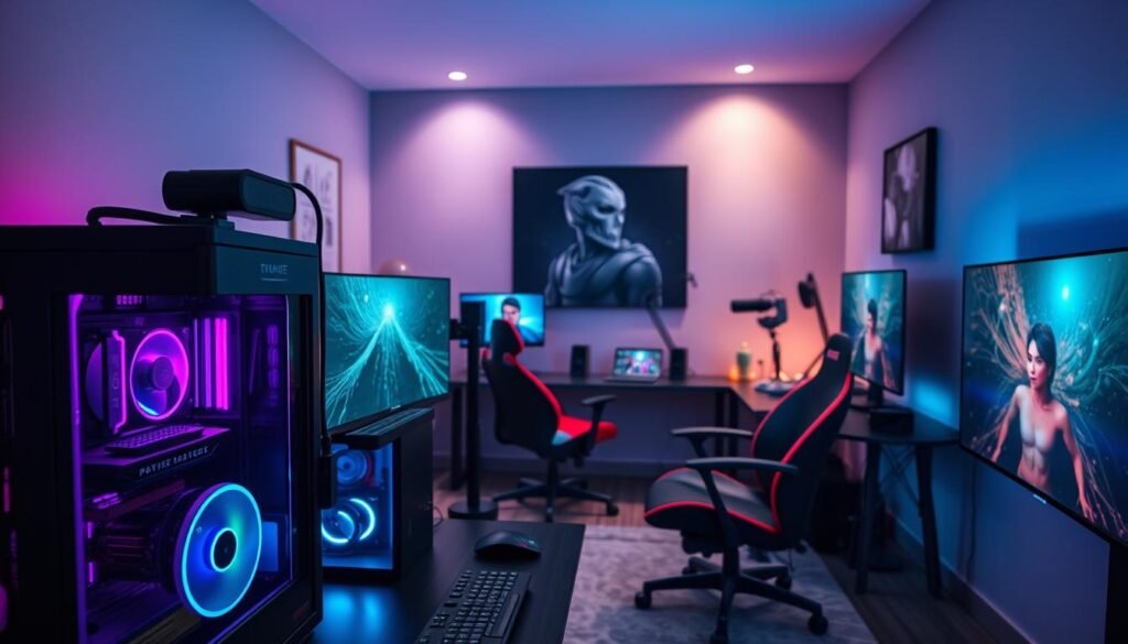 A well-lit gaming and streaming setup, centered in the frame. In the foreground, a high-end gaming PC with RGB lighting, multiple monitors, and a professional-grade webcam. In the middle ground, a cozy and modern home office with a comfortable gaming chair, a professional-looking microphone, and various streaming equipment. The background features a sleek and minimalist wall decor, with subtle lighting that sets the mood for an immersive streaming experience. The overall scene conveys a sense of professionalism, productivity, and the potential for generating income through gaming and online content creation.