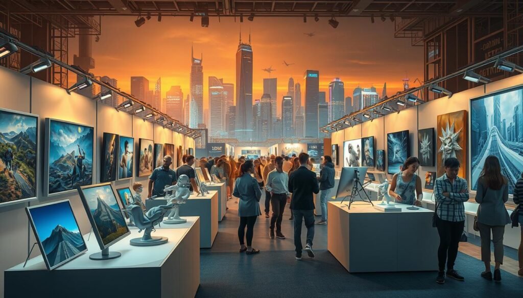A digital art marketplace bustling with creativity. In the foreground, digital paintings, 3D sculptures, and interactive installations are displayed on sleek, minimalist booths. The middle ground features artists passionately discussing their work with interested buyers, while the background showcases a futuristic cityscape with towering skyscrapers and a vibrant, neon-lit skyline. The scene is bathed in a warm, golden glow, creating a sense of energy and innovation. The composition emphasizes the intersection of technology, art, and commerce, reflecting the dynamic nature of the digital art industry.