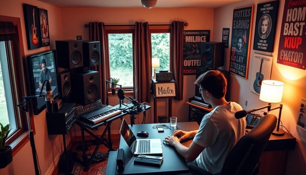 A cozy home recording studio with professional audio equipment, microphones, and monitors. The walls are adorned with music-themed artwork and inspirational posters. In the foreground, a person sits at a desk, intently focused on a laptop, creating music or podcasts. Soft, warm lighting illuminates the scene, creating a inviting and productive atmosphere. The background features a window overlooking a lush, green landscape, hinting at the idea of earning money from the comfort of one's own home.