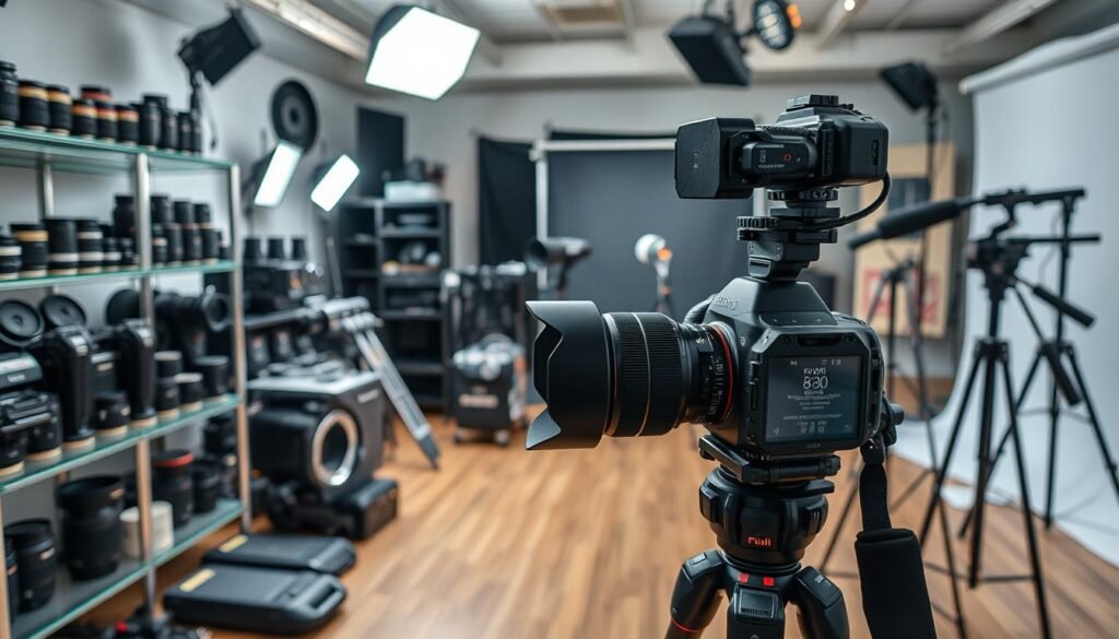 A professional photography studio filled with a diverse array of camera equipment, lighting setups, and video production gear. In the foreground, a high-end DSLR camera with a wide-angle lens sits on a sturdy tripod, ready to capture stunning visuals. The middle ground showcases an array of lenses, flashes, and other accessories neatly arranged on shelves, hinting at the photographer's attention to detail. The background features a backdrop stand, a selection of interchangeable backdrops, and a state-of-the-art video camera mounted on a fluid head tripod, suggesting the versatility of the space for both photography and videography.