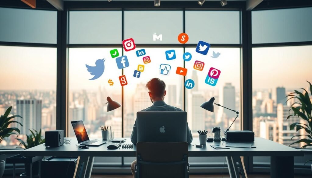 A lively social media management workspace, captured in a bright and airy atmosphere. In the foreground, a person sitting at a sleek minimalist desk, intently focused on a laptop screen, surrounded by an array of modern devices and office supplies. In the middle ground, colorful social media icons and logos hover around, symbolizing the digital connections and interactions. The background features a large window overlooking a bustling cityscape, with warm, natural lighting filtering in, creating a sense of productivity and inspiration. The overall scene conveys the dynamic nature of social media management as a creative and rewarding online endeavor.