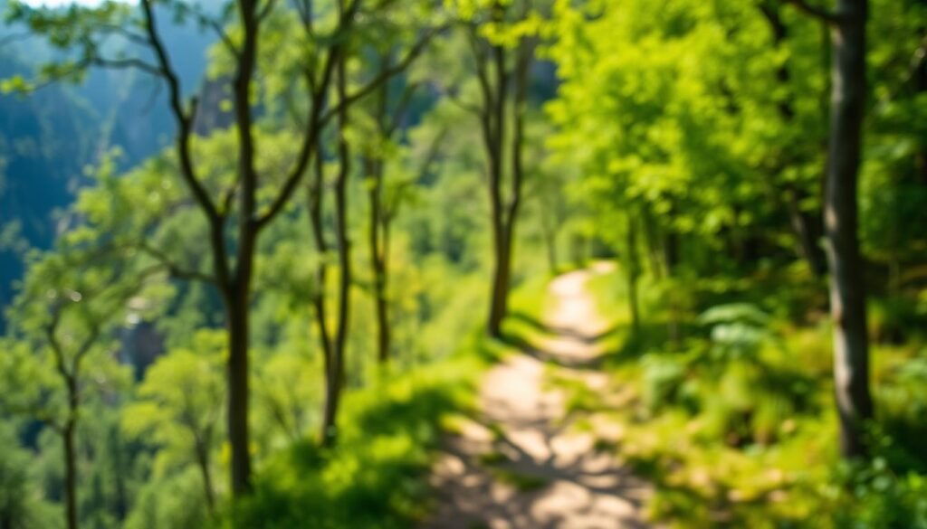 winding mountain path through lush green forest, sunlight filtering through trees, rocky cliffs in background, soft focus with shallow depth of field