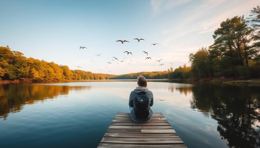 relaxed person sitting on a wooden dock watching birds fly over a tranquil lake surrounded by lush green trees