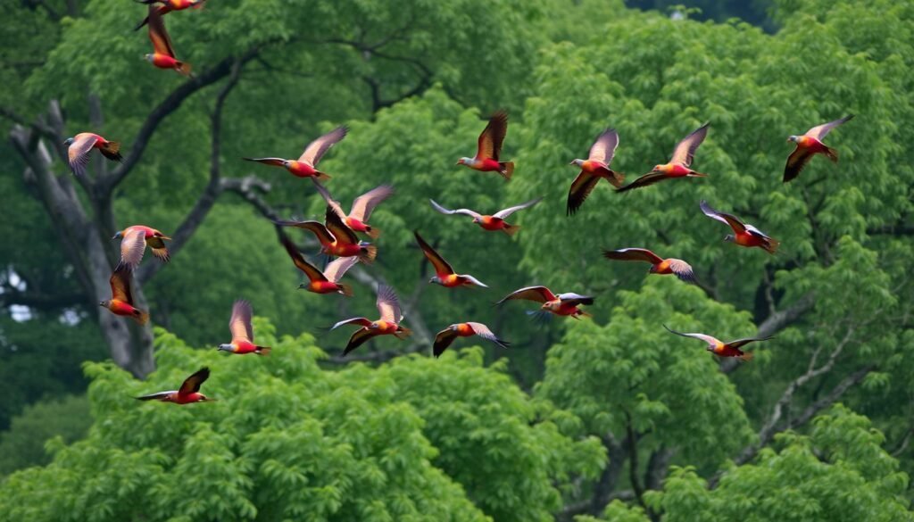 A flock of colorful birds in flight over a lush, green forest canopy.