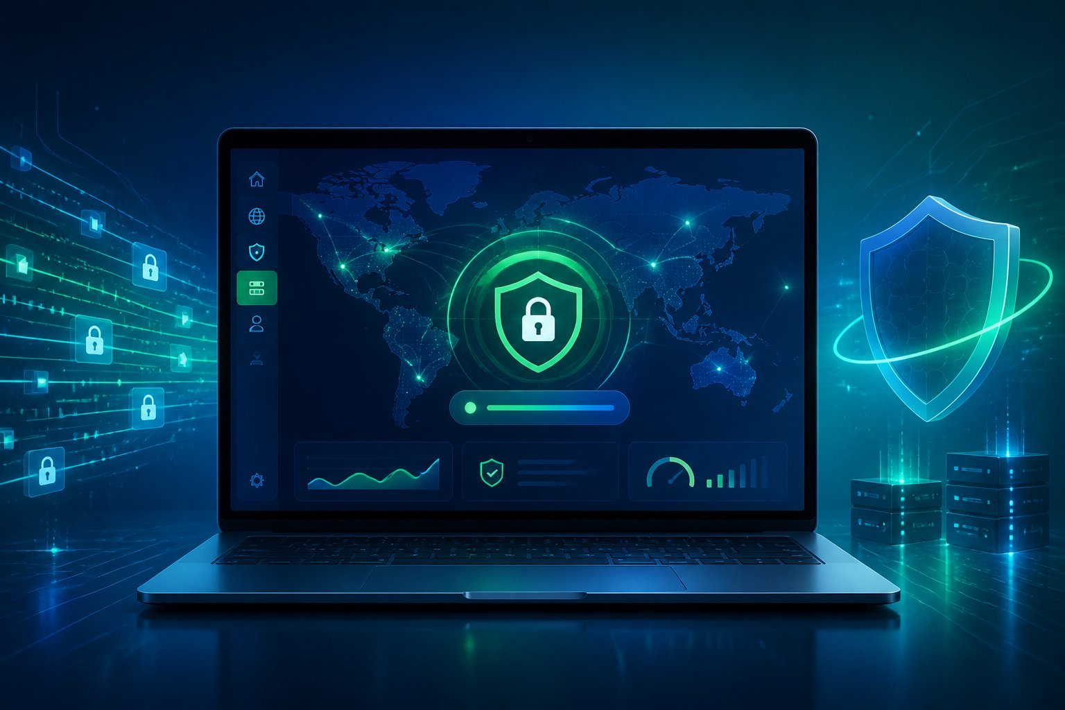 A futuristic laptop displaying a secure VPN connection surrounded by glowing network nodes and shield icons representing online security.