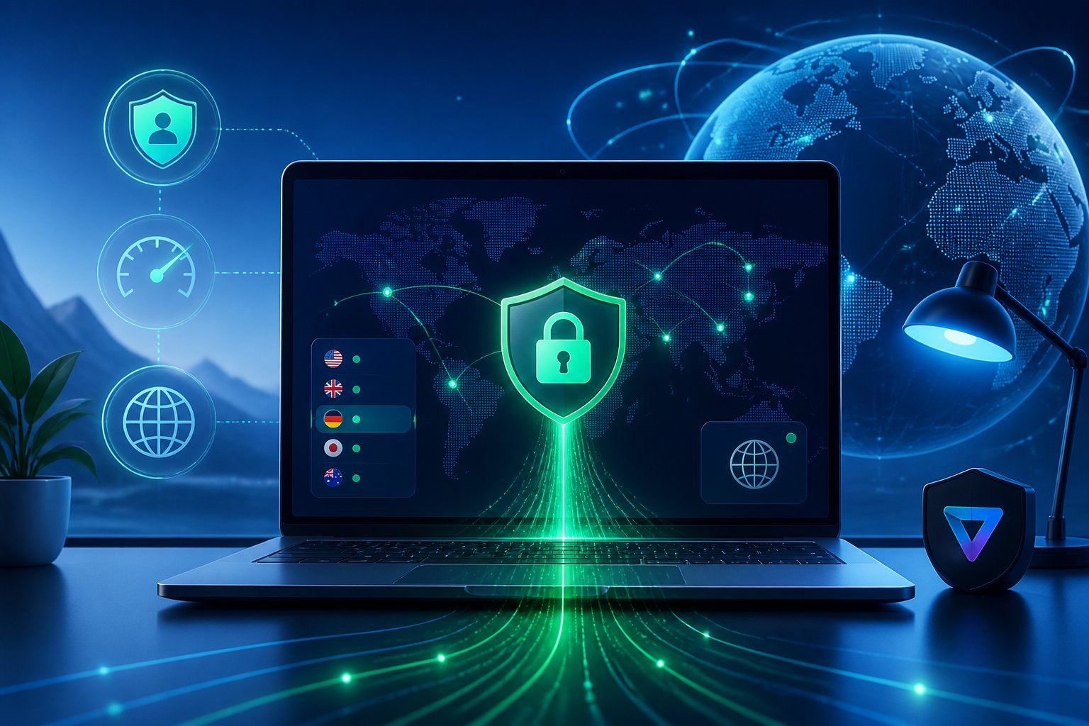 A laptop displaying abstract symbols of secure internet connections, surrounded by icons representing privacy, speed, and global network.