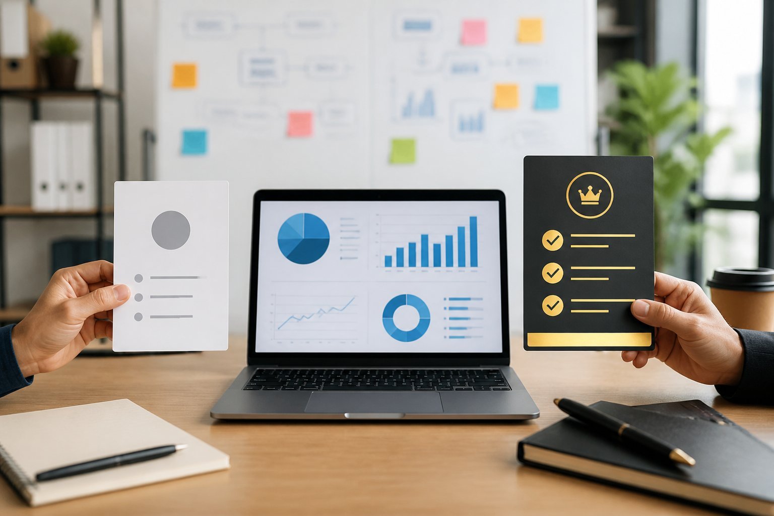 Two people in an office compare free and paid plans using documents and a laptop showing charts.