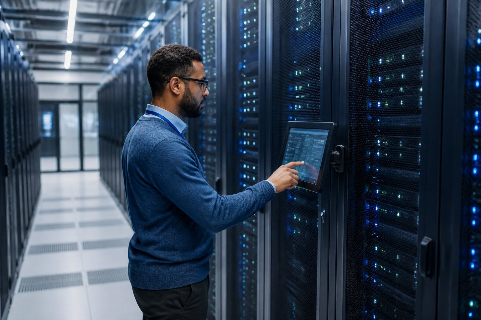 A person interacting with a touchscreen panel in a modern server room filled with rows of black server racks and blinking lights.