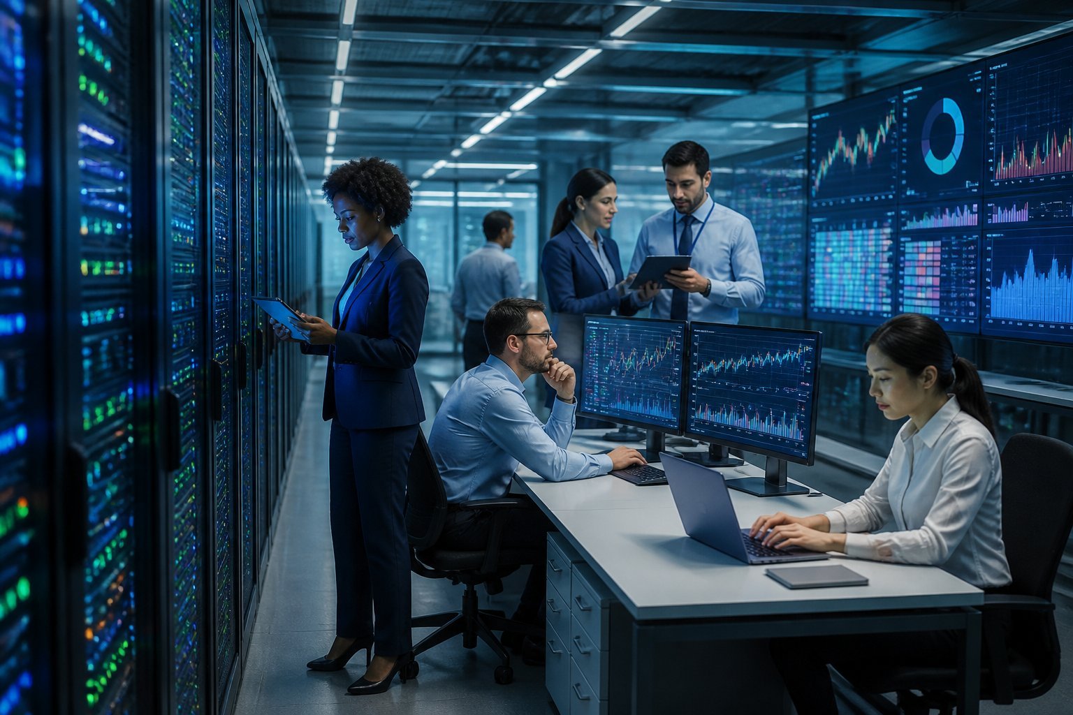 A team of professionals analyzing financial data in a modern server room with rows of MCP servers and large monitors displaying market charts.