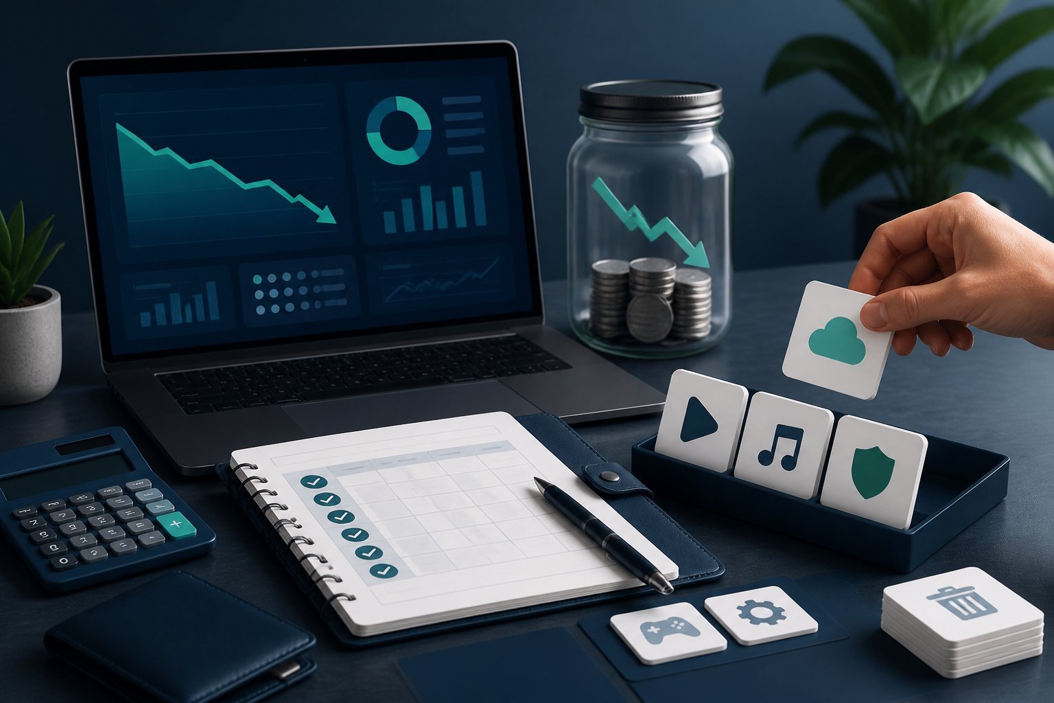 A professional workspace scene showing a laptop with cost analytics, a budget planner, a calculator, and subscription cards being organized to represent reduced recurring expenses.