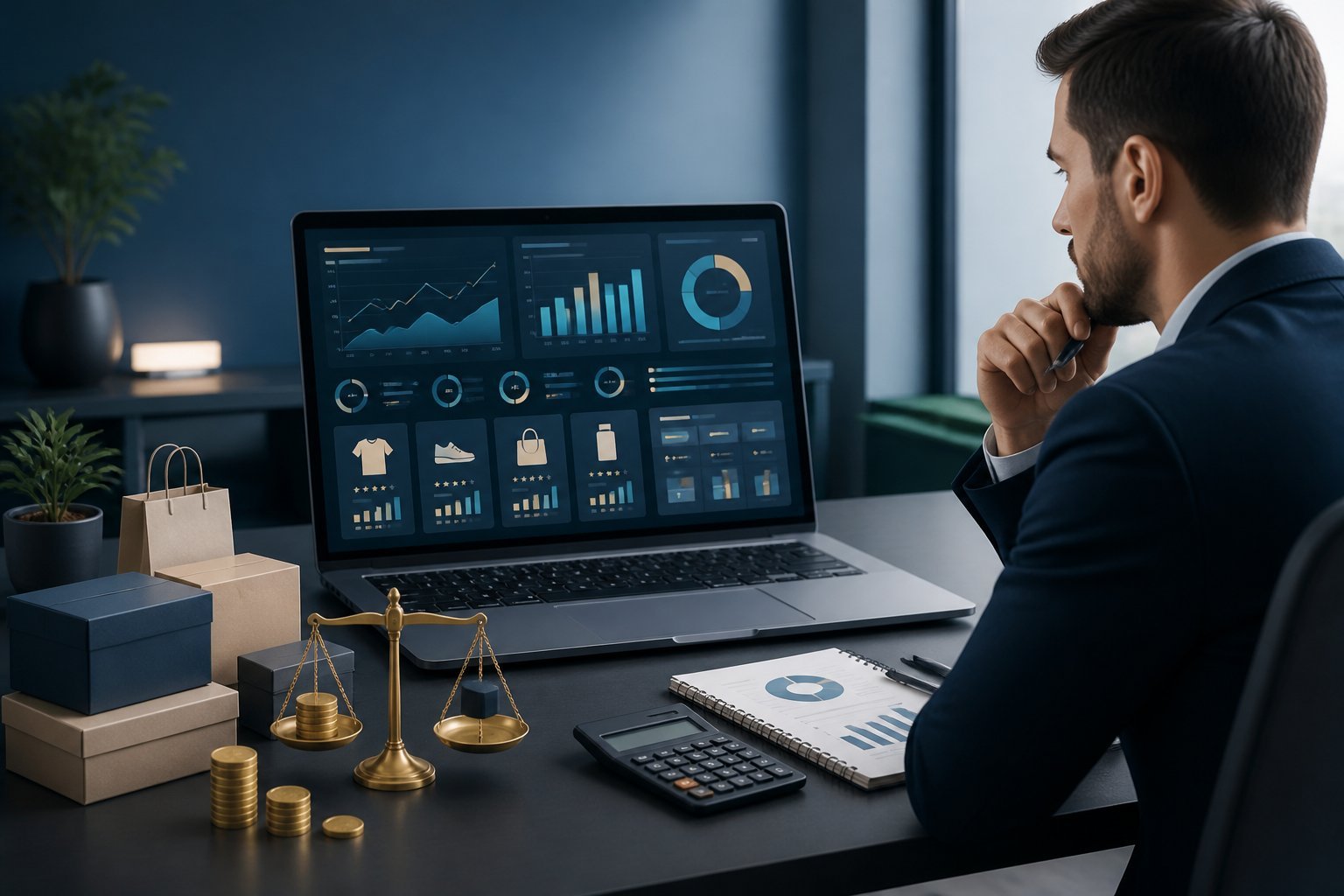 A business professional evaluates analytics charts, product packages, coins, and a balance scale beside a laptop.