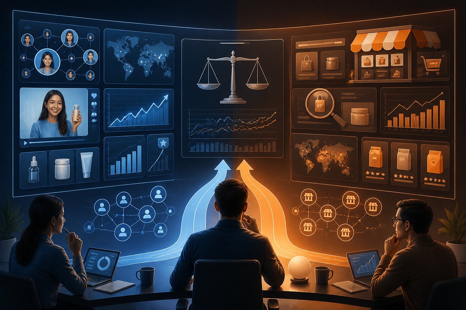 An analyst compares creator trends, online stores, products, and competitor data across two digital dashboards.