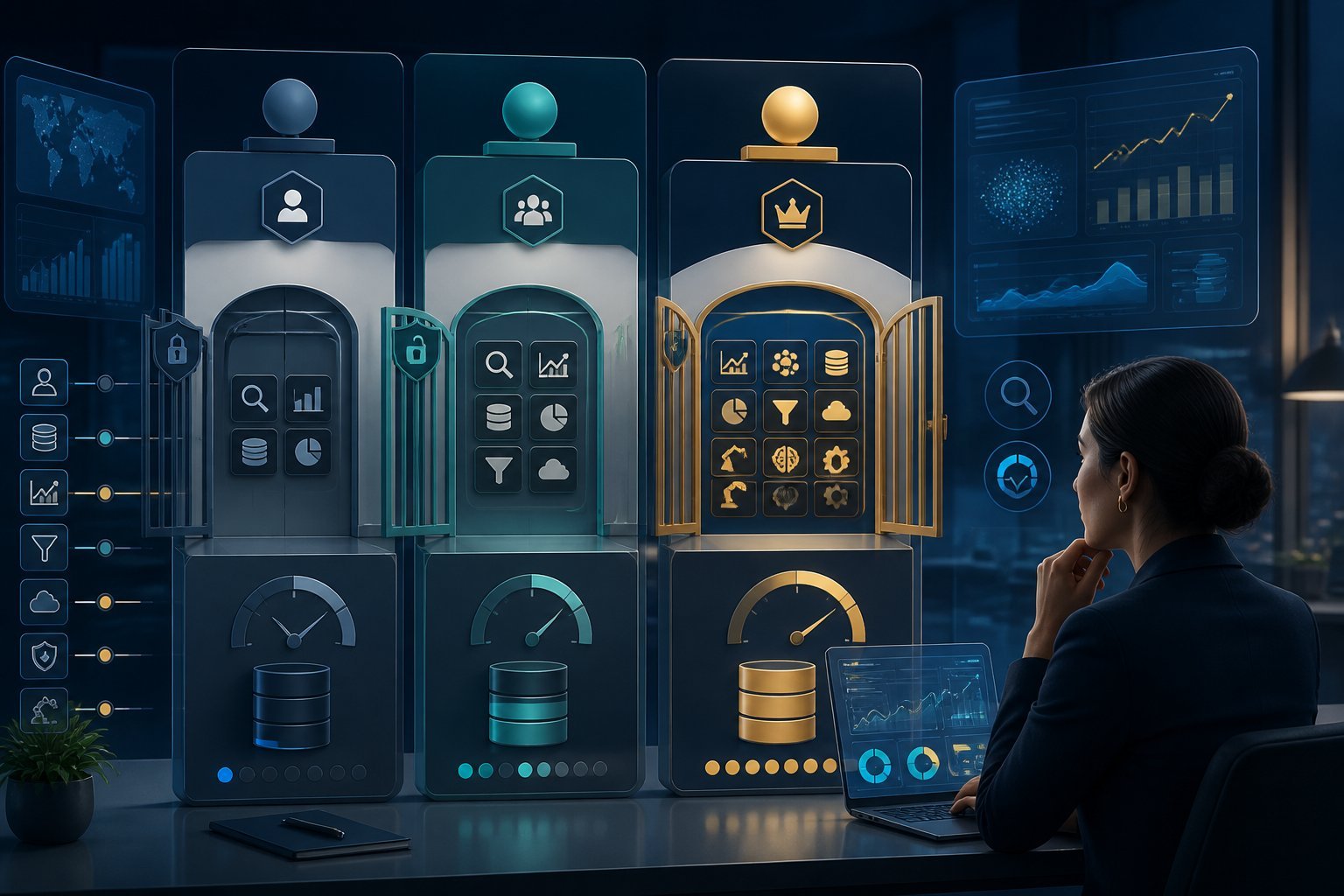 A professional analyst reviews three software access tiers with different features and usage limits.