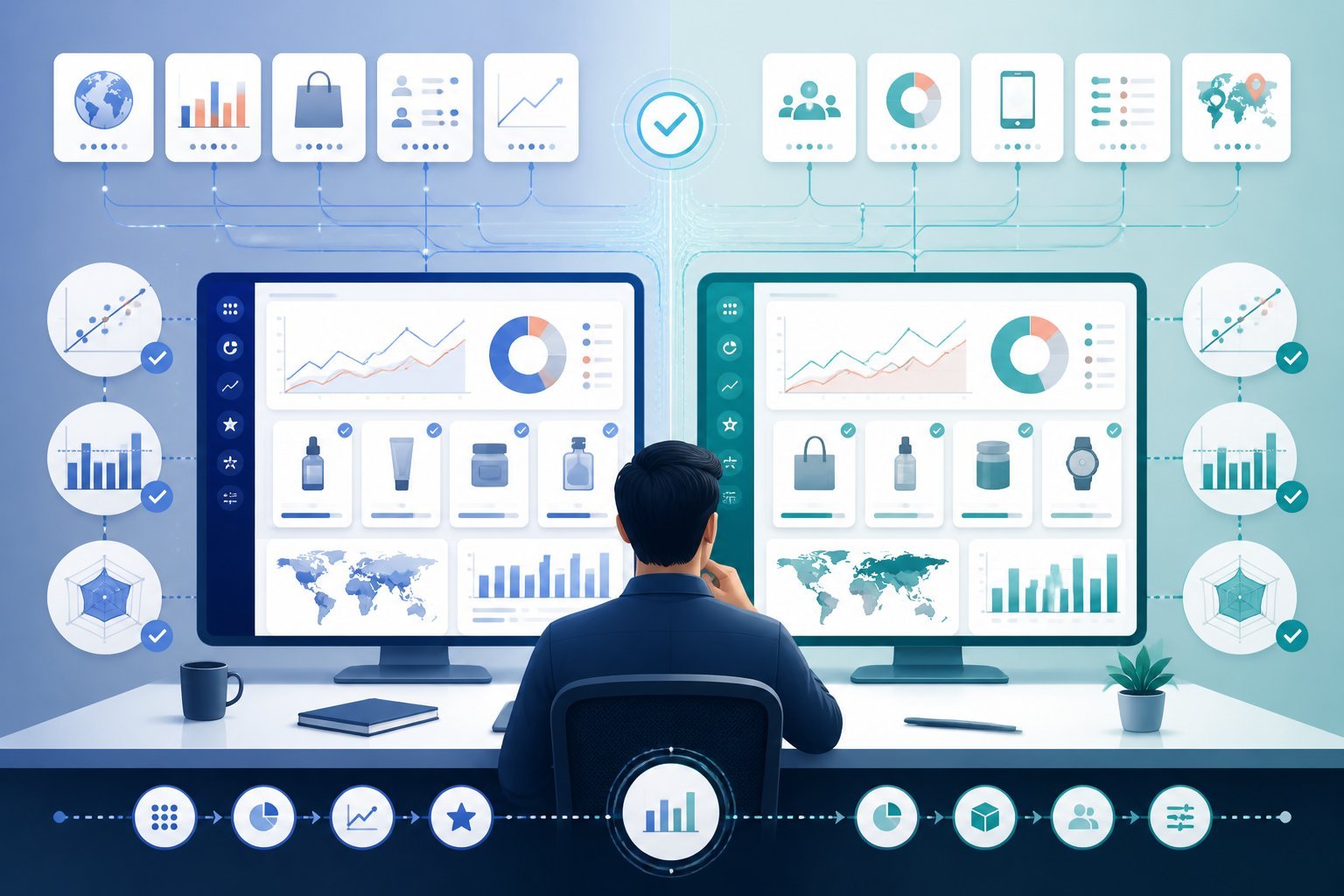 A professional split-screen illustration shows two analytics dashboards comparing data coverage, accuracy, and usability.