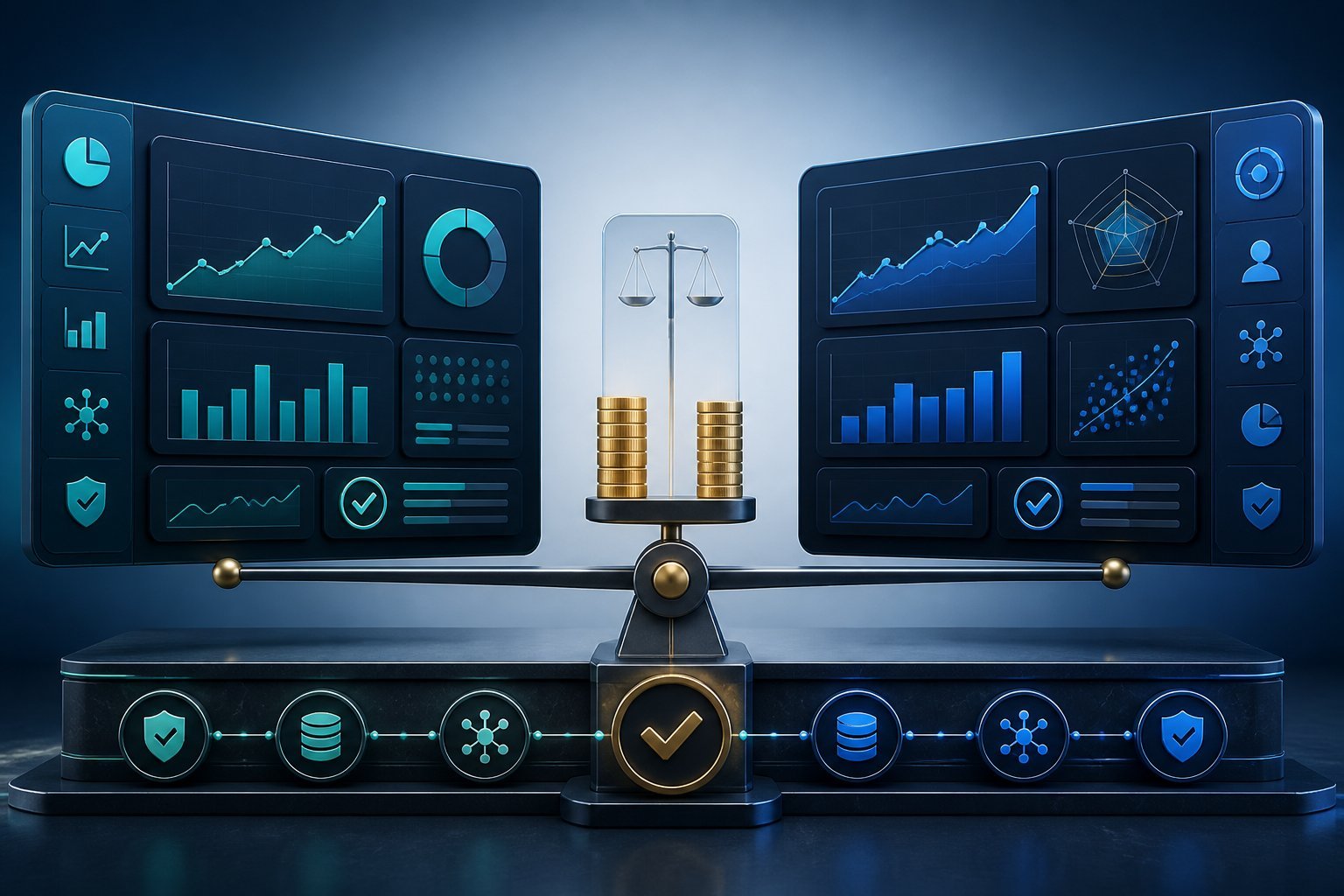 A balanced analytics comparison scene showing pricing, reliable data, and value assessment.