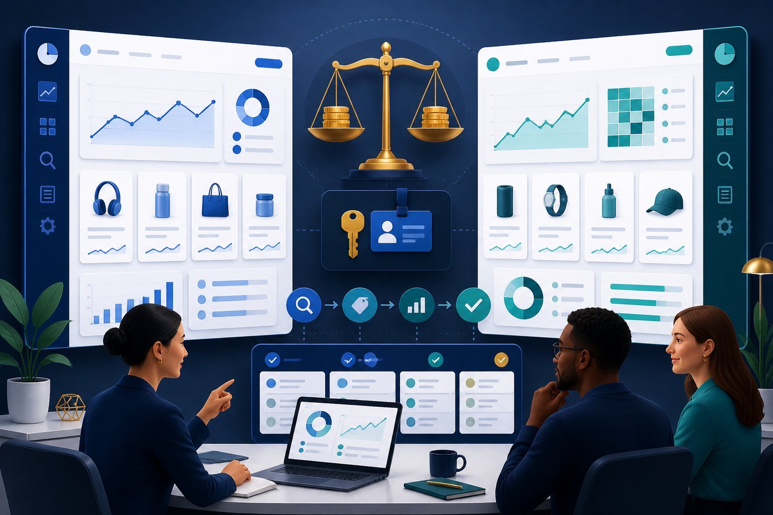 Professionals compare two digital analytics workspaces while reviewing pricing, access, and workflow elements.