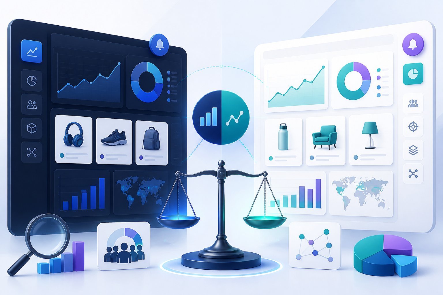 A professional illustration showing two balanced analytics dashboards compared side by side with charts, icons, and connected data insights.