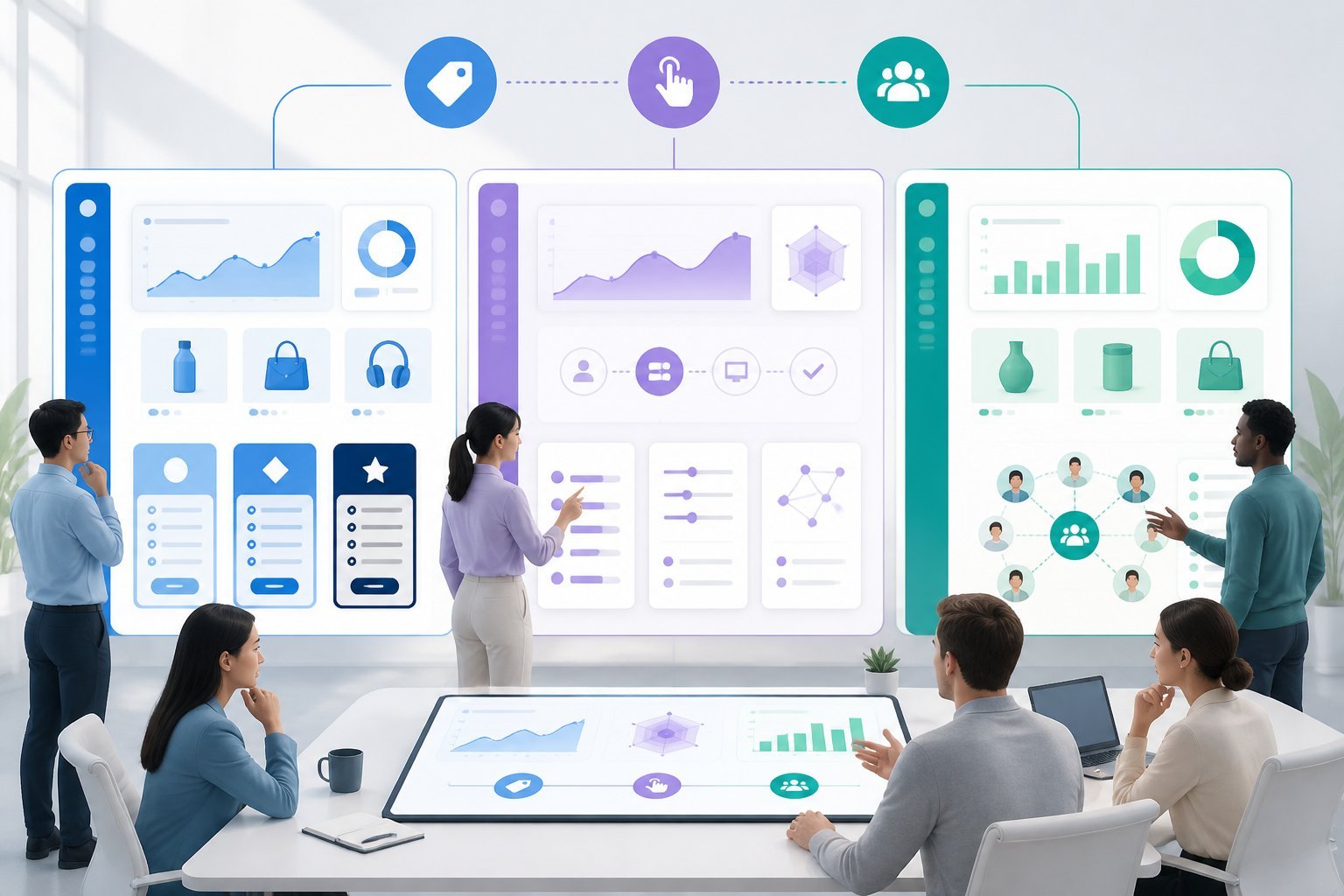 Business professionals compare three analytics dashboards while reviewing pricing, usability, and team collaboration.