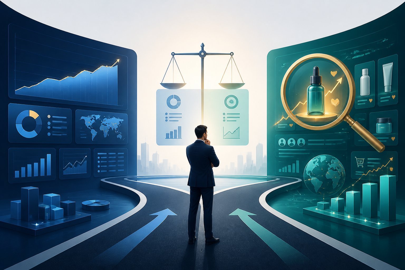 A business professional compares two analytics pathways before making a final decision.