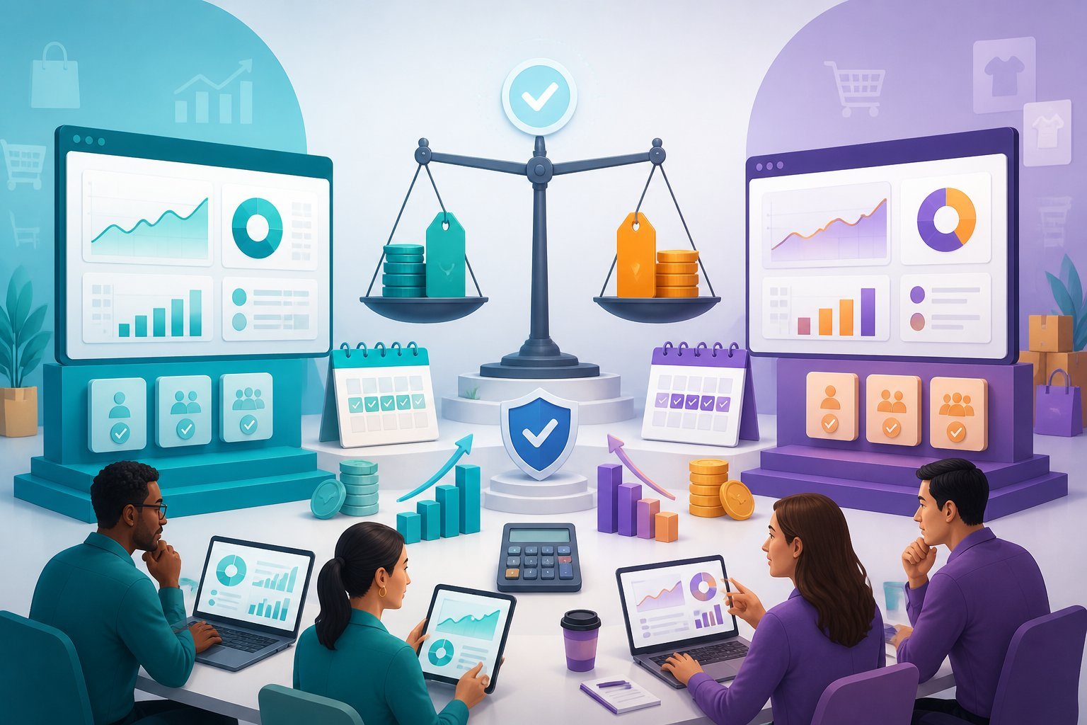 Business users compare two analytics platforms using dashboards, pricing symbols, trial-period cues, and value indicators.