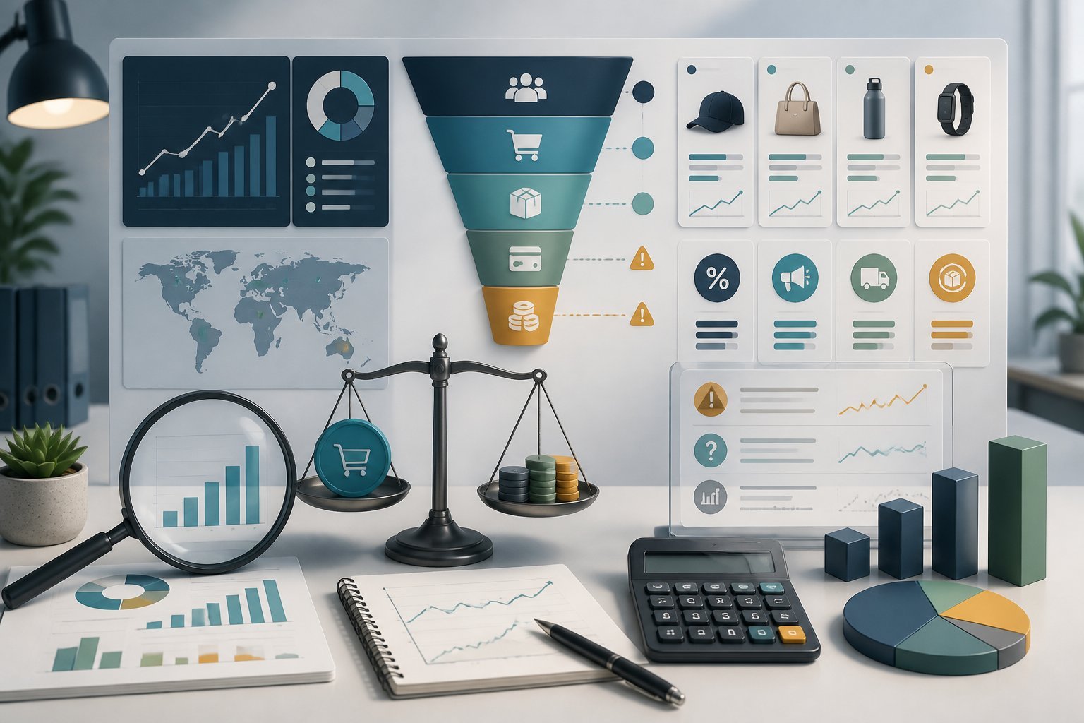 A business analytics scene comparing revenue, costs, and net profit with charts, a funnel, and a balance scale.