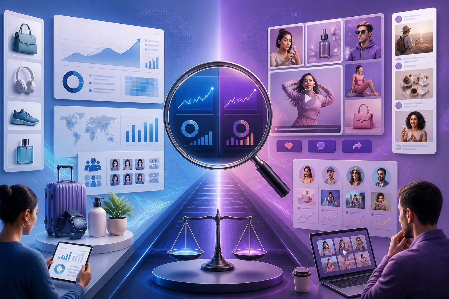 A split digital advertising workspace compares product analytics, social media creatives, campaign performance, and influencer-style content.