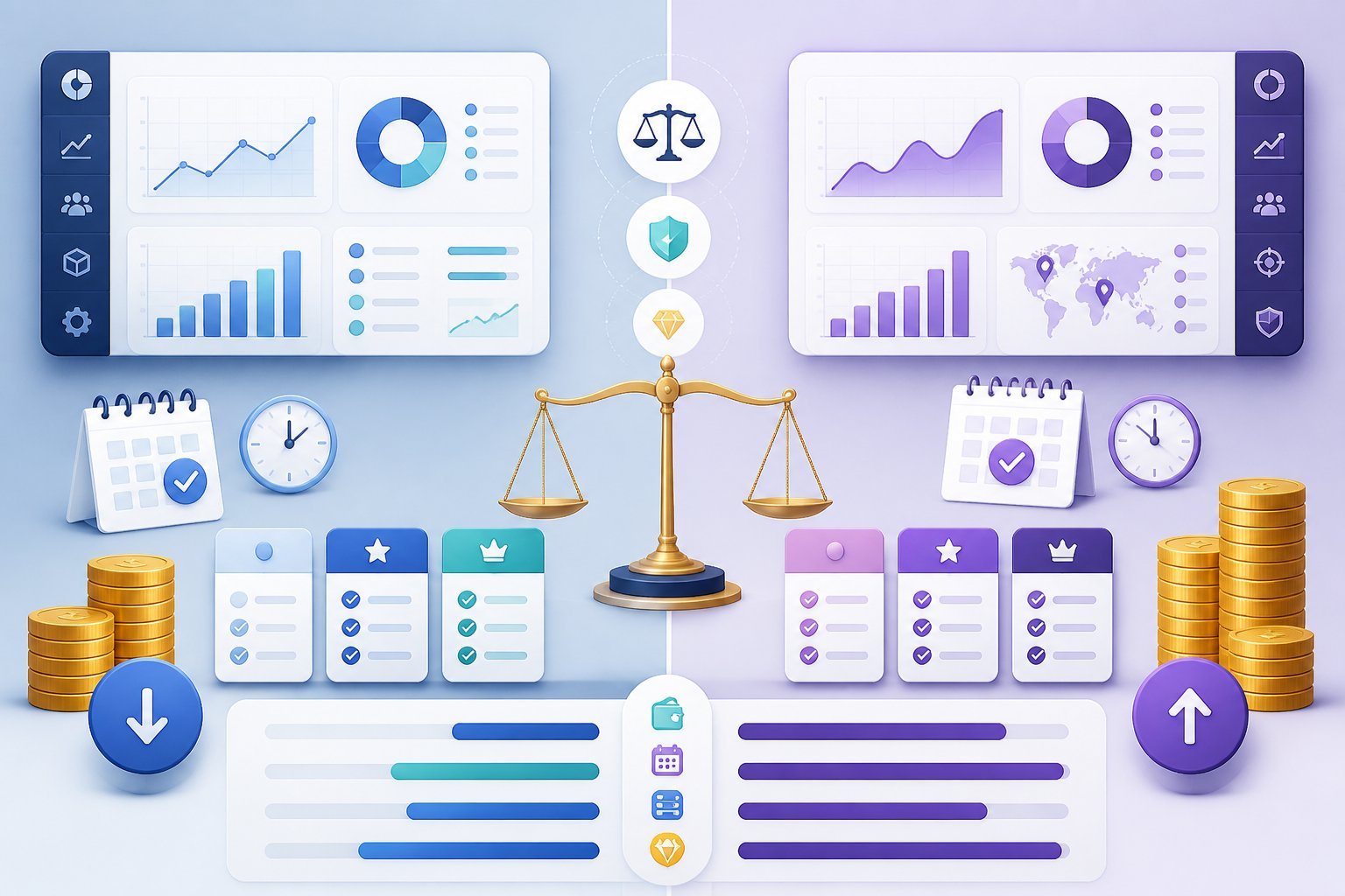 A split comparison of two digital analytics plans using pricing cards, trial indicators, coins, charts, and a value scale.