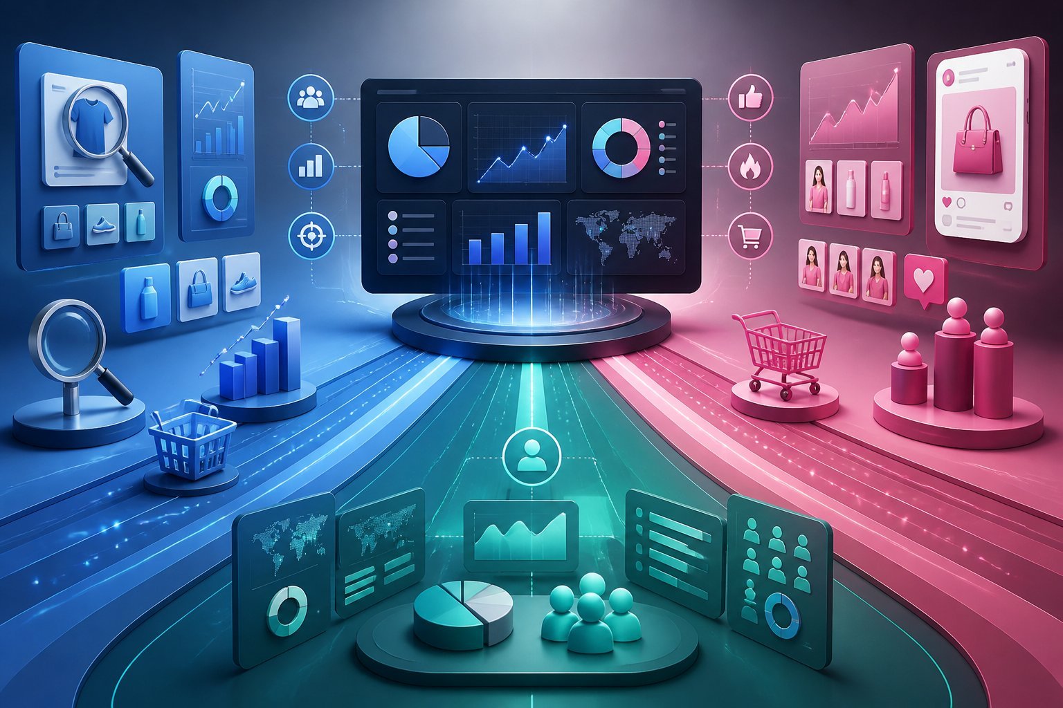 A professional business illustration showing three digital commerce analytics systems being compared through connected dashboards, charts, shopping symbols, and data insights.