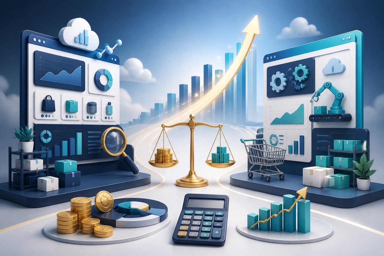 A balanced comparison of two digital commerce platforms surrounded by pricing, analytics, automation, and investment growth symbols.