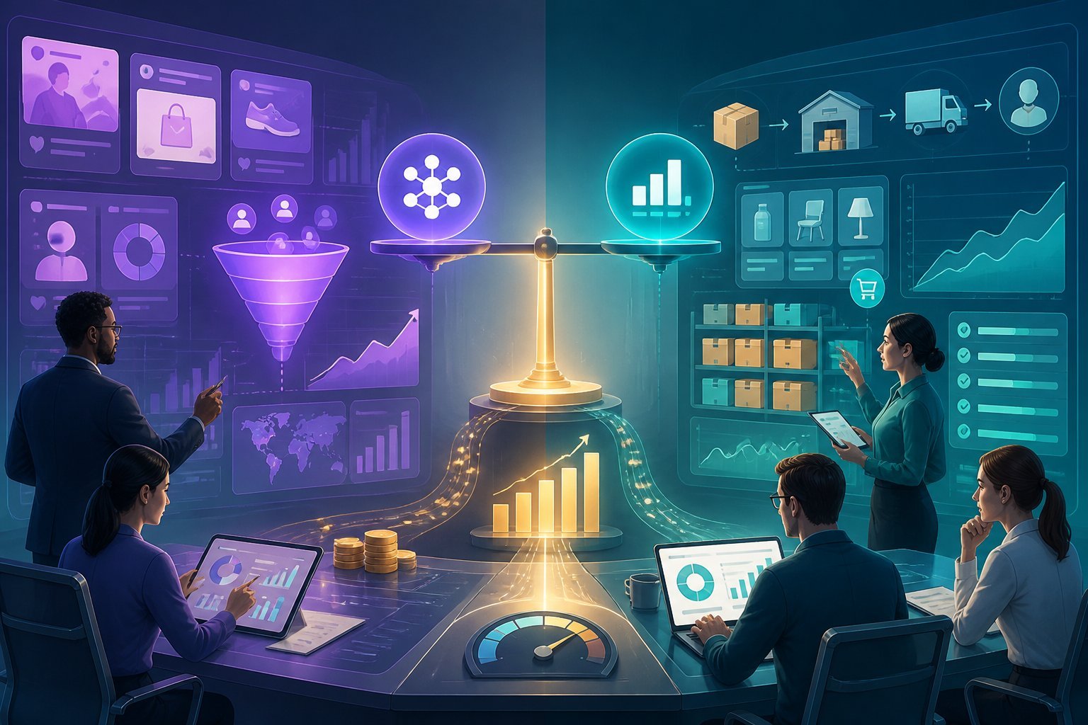 Professionals compare e-commerce advertising, operations, and profit analytics on a digital workspace.