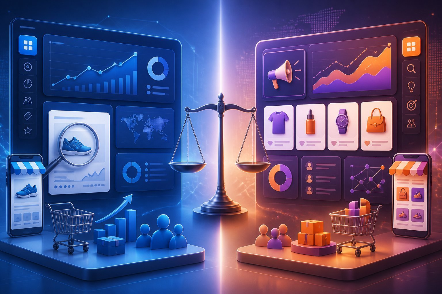 A split-screen illustration compares two colorful e-commerce analytics dashboards with charts, product insights, and online shopping symbols.