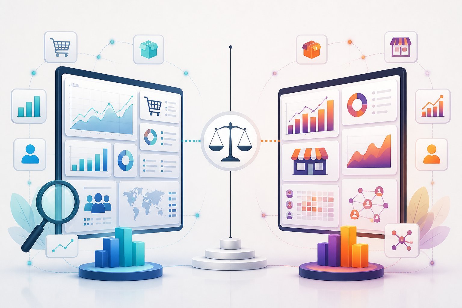 A balanced illustration comparing two abstract e-commerce analytics dashboards with charts, shopping icons, and data connections.