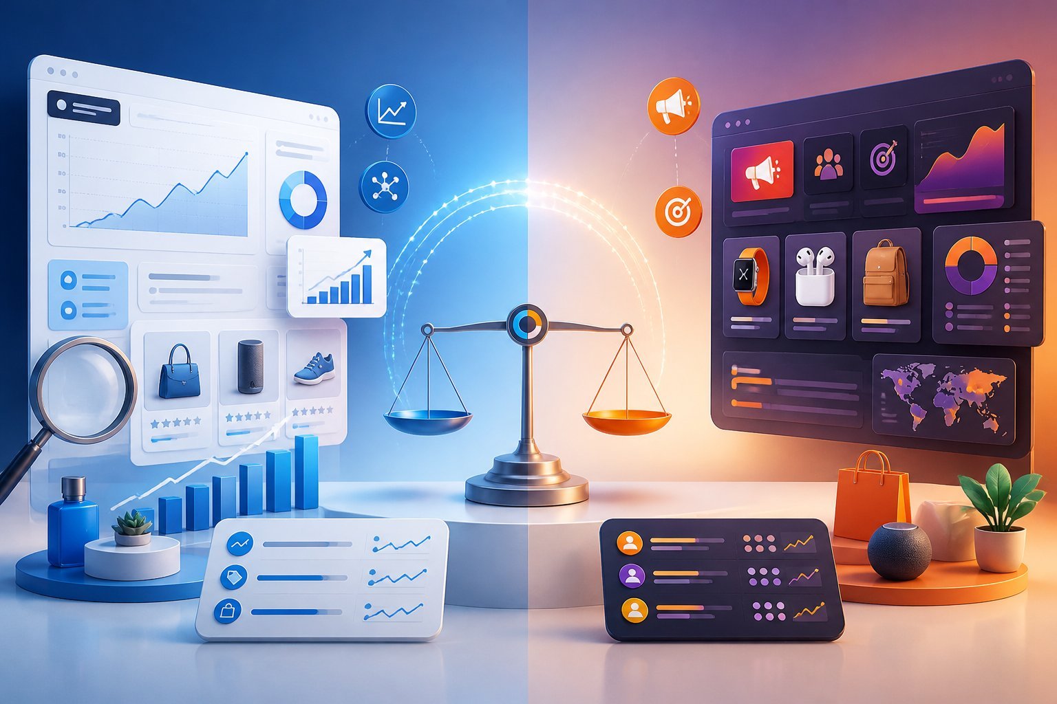 A professional illustration showing two competing e-commerce analytics platforms represented by dashboards, product insights, charts, and a central comparison scale.