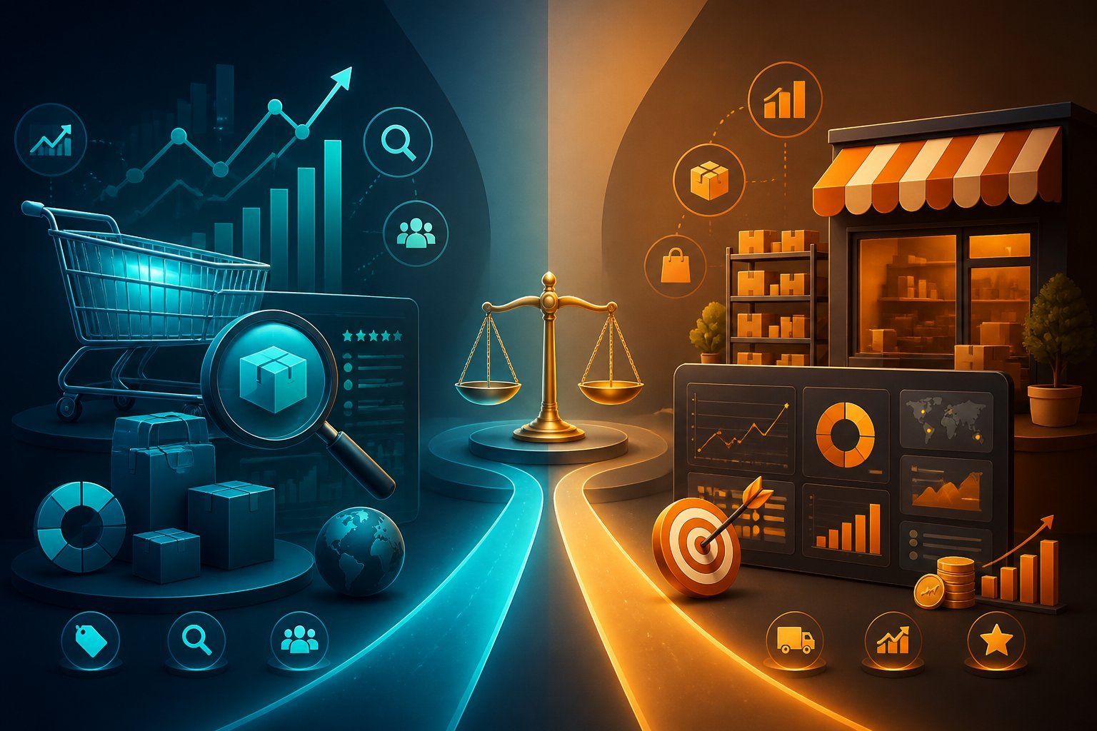 A balanced illustration comparing two e-commerce analytics workspaces with product research, sales data, inventory, and marketplace symbols.