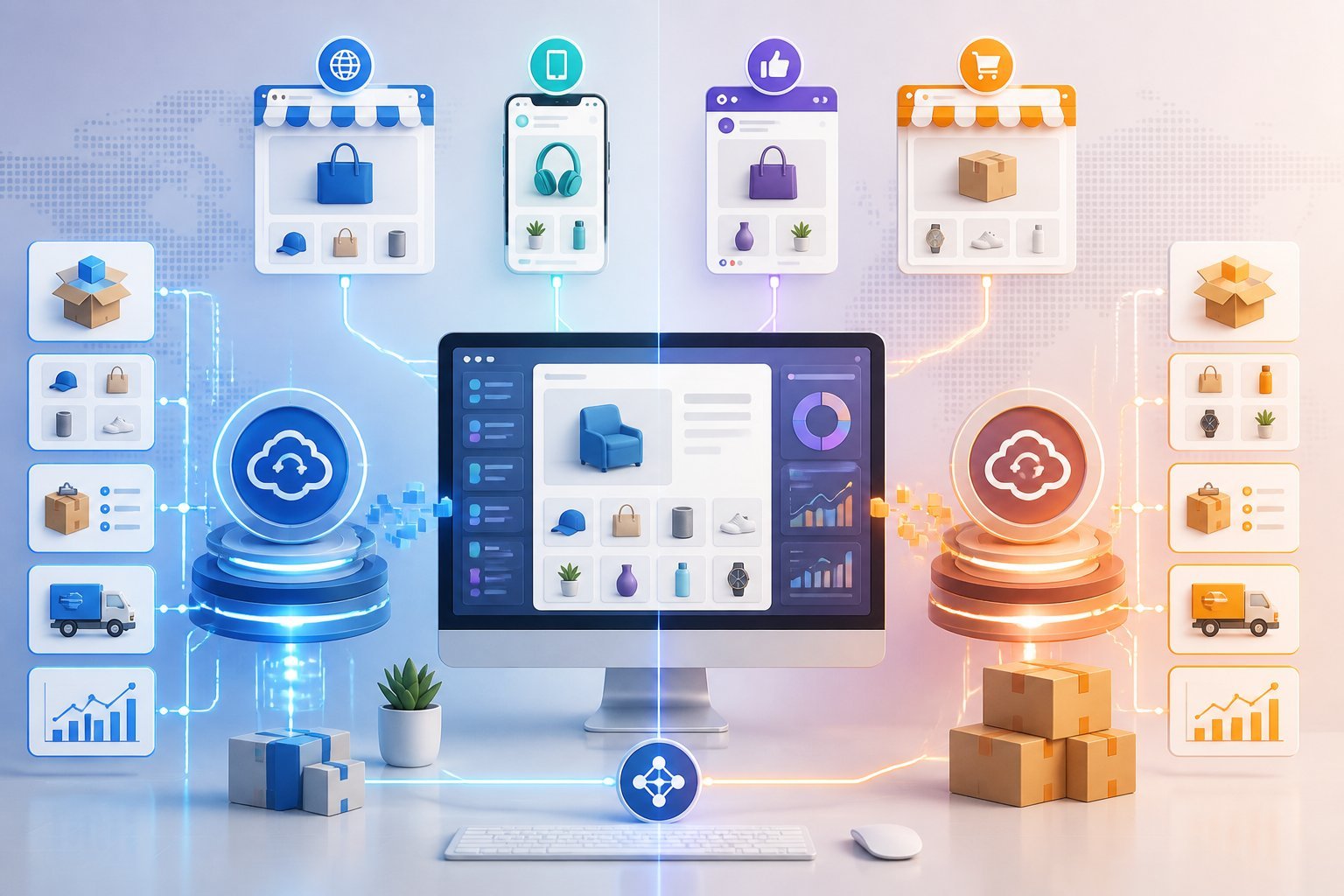 An e-commerce dashboard connects two automation systems with multiple online sales channels, inventory, orders, and shipping workflows.