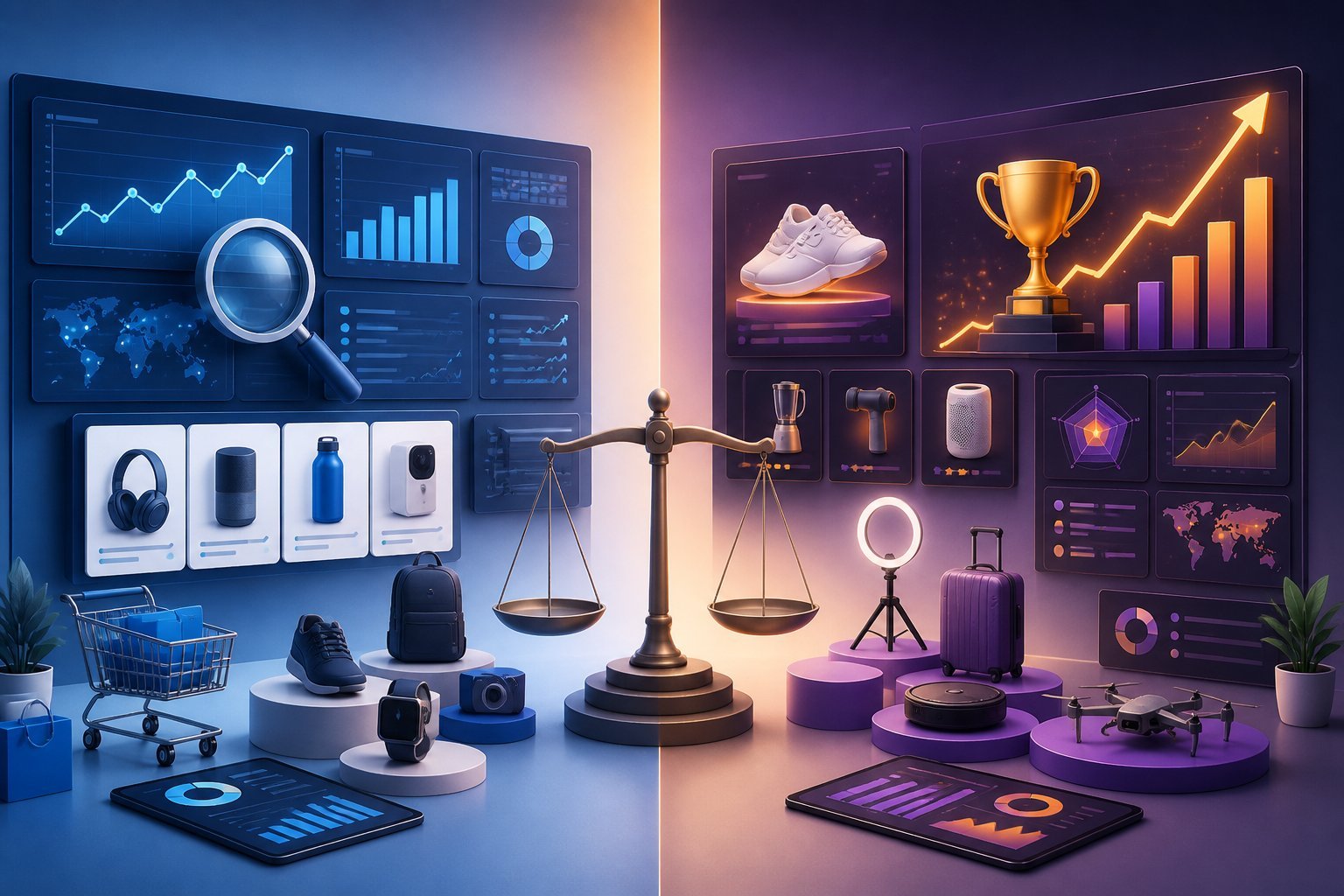 A split illustration compares two ecommerce analytics concepts with dashboards, product trends, growth charts, and a balanced central scale.