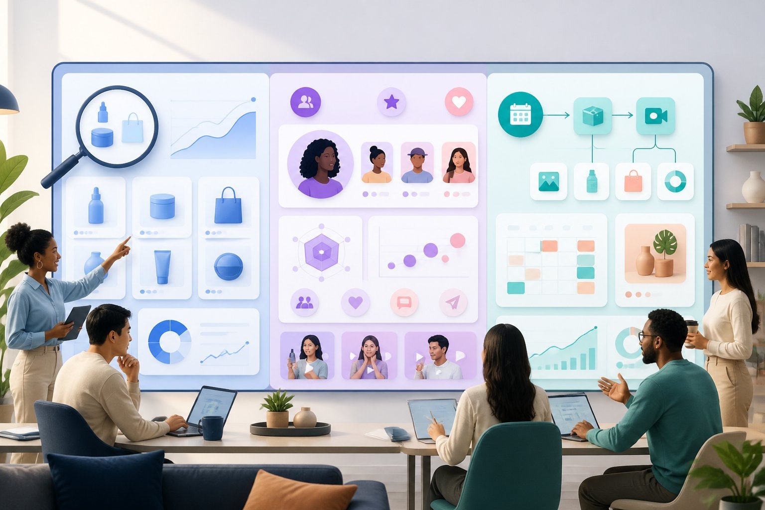 Creators and marketers compare abstract dashboards for discovering influencers, researching products, and managing content workflows.