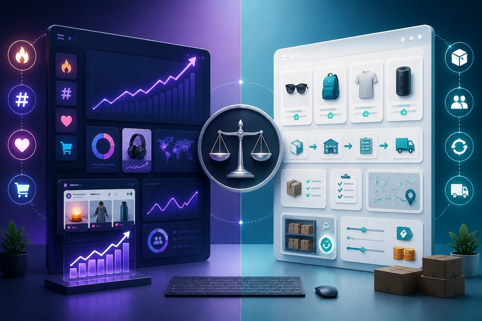 A split digital workspace compares product trend analytics on one side with e-commerce automation and fulfillment tools on the other.