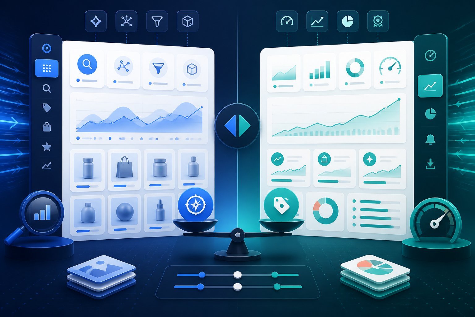 A split-screen analytics workspace comparing two research dashboards with charts, performance indicators, feature icons, and pricing symbols.