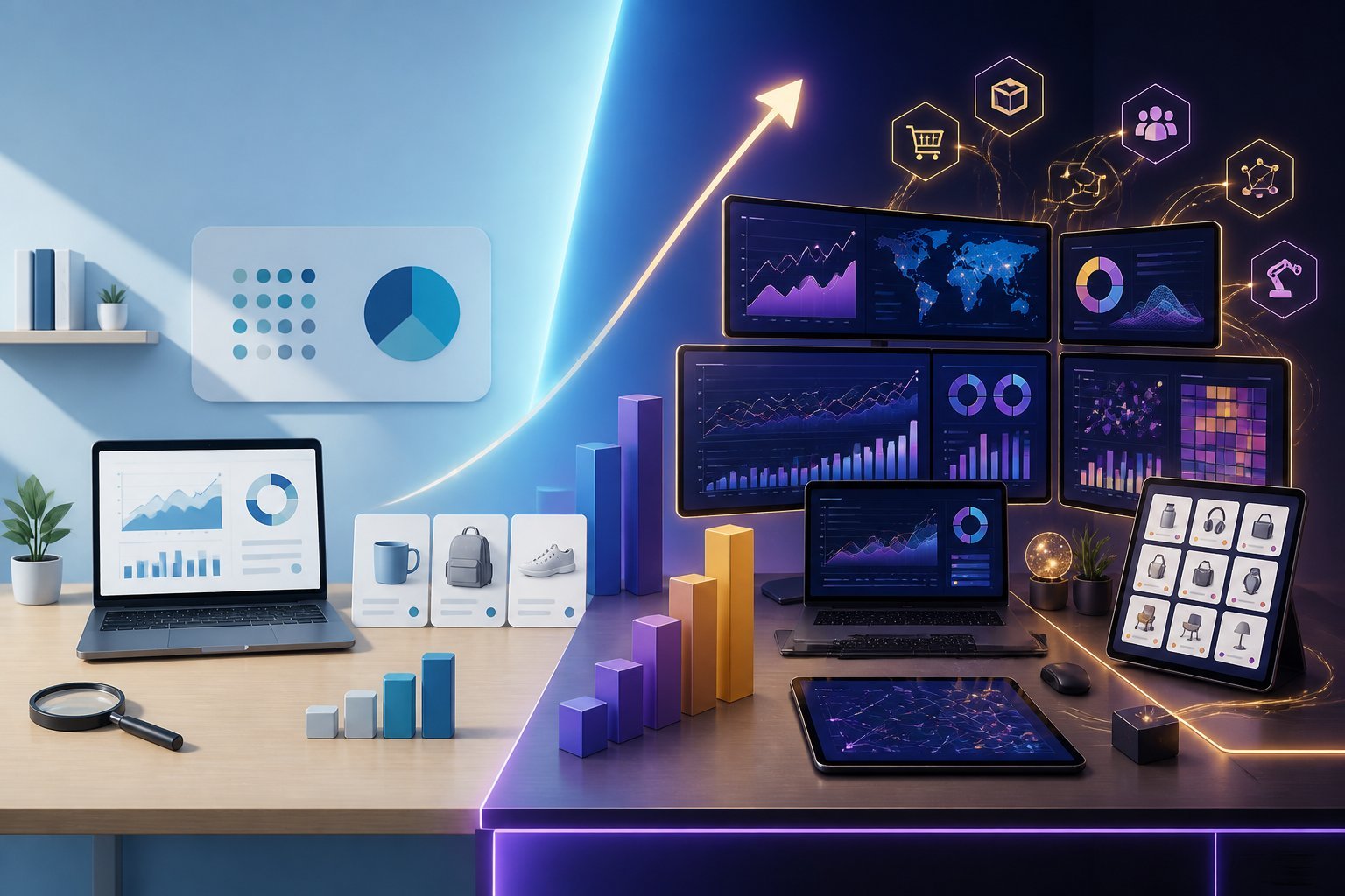 An illustration comparing a simple analytics workspace with an advanced, feature-rich analytics workspace.