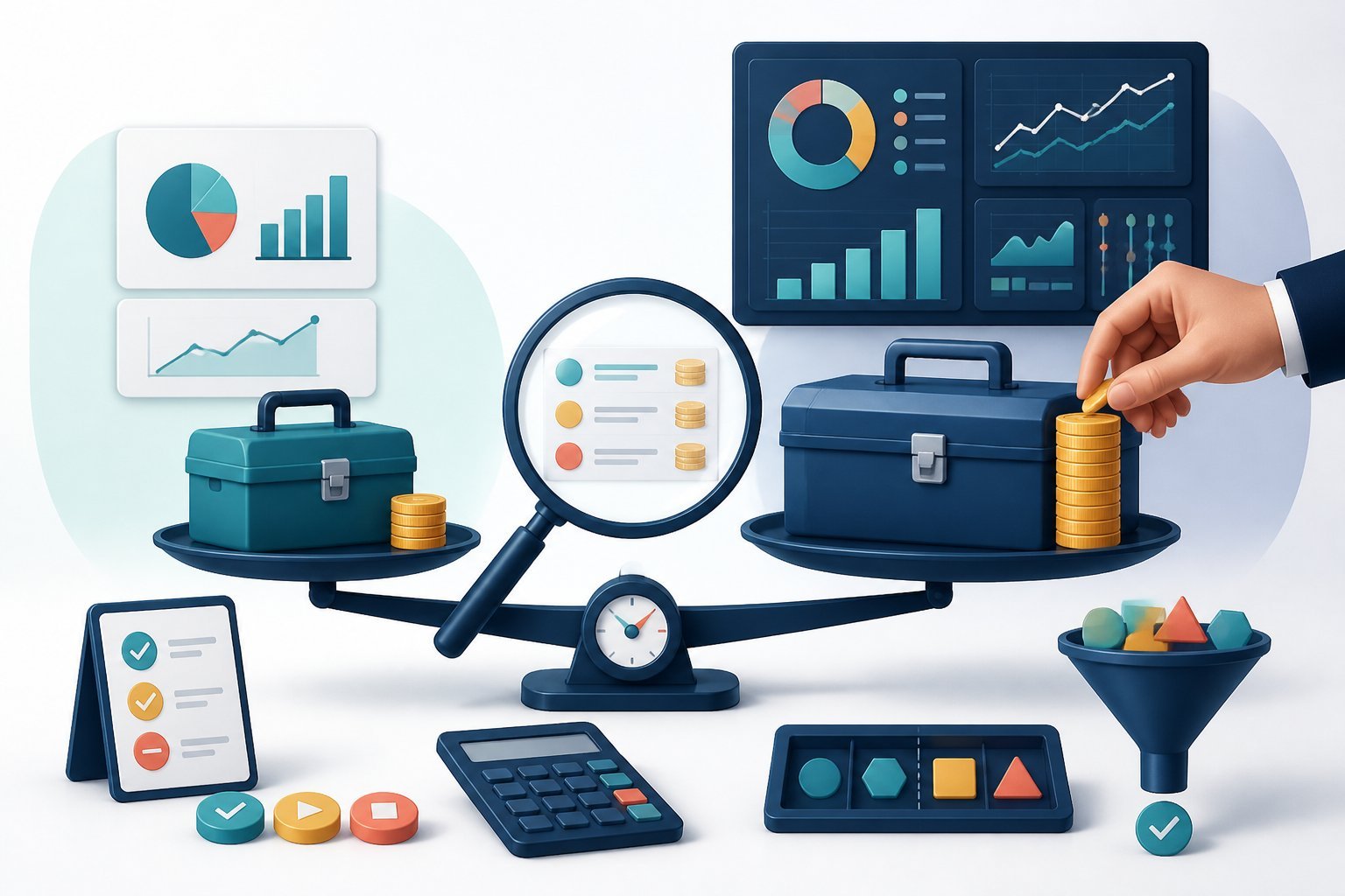 A comparison of two software plan options with charts, coins, a balance scale, and a magnifying glass used to evaluate costs.