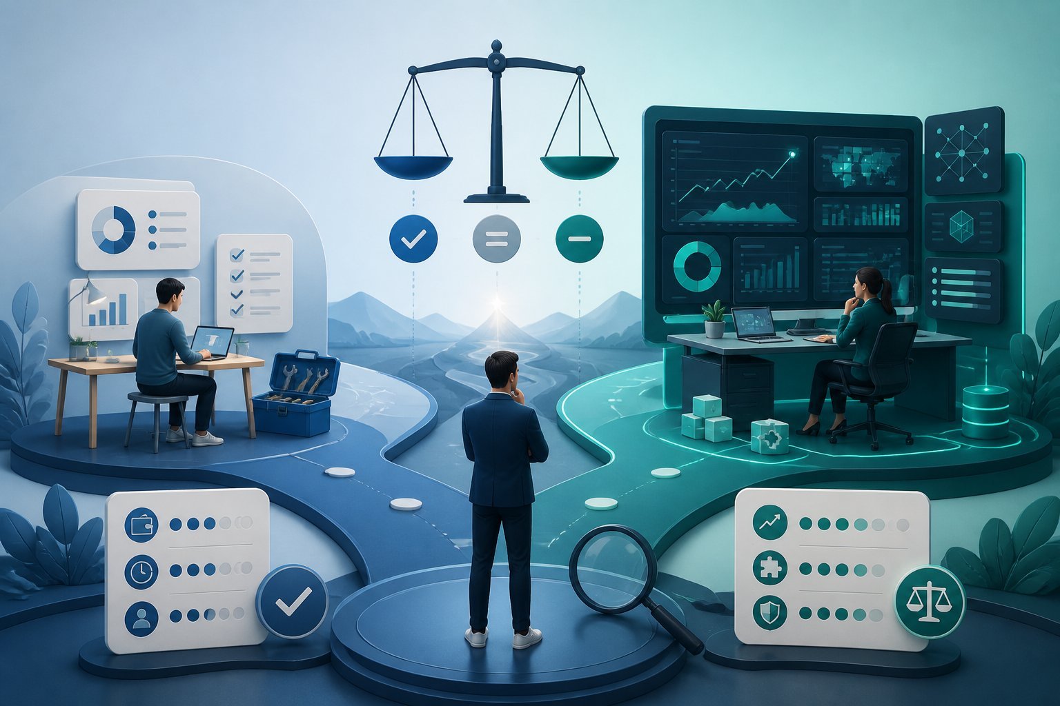 A professional compares two technology plan options along separate paths using dashboards, tools, and a balanced scale.
