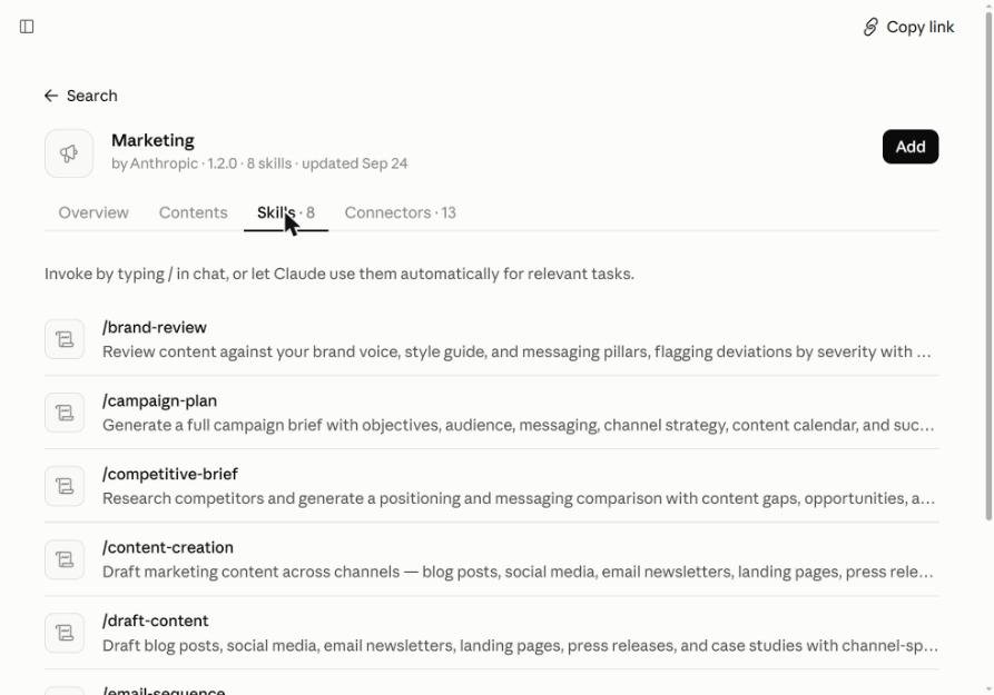 Anthropic Marketing plugin in Claude showing its skills: brand-review, campaign-plan, competitive-brief, content-creation, draft-content